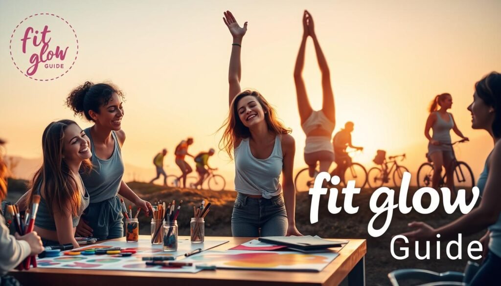 A vibrant scene of women enjoying a variety of hobbies in their 20s. In the foreground, a group of friends gather around a table, creating colorful artwork with paints and brushes. In the middle ground, a young woman practices an inversion on a yoga mat, eyes closed in deep focus. In the background, silhouettes of women hiking, cycling, and playing sports, all set against a warm, golden-hour landscape. The overall mood is one of joy, creativity, and a sense of balance and wellness. "Fit Glow Guide" logo subtly placed in the corner.