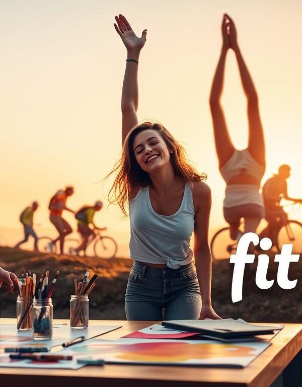 A Vibrant Scene Of Women Enjoying A Variety Of Hobbies In Their 20S. In The Foreground, A Group Of Friends Gather Around A Table, Creating Colorful Artwork With Paints And Brushes. In The Middle Ground, A Young Woman Practices An Inversion On A Yoga Mat, Eyes Closed In Deep Focus. In The Background, Silhouettes Of Women Hiking, Cycling, And Playing Sports, All Set Against A Warm, Golden-Hour Landscape. The Overall Mood Is One Of Joy, Creativity, And A Sense Of Balance And Wellness. &Quot;Fit Glow Guide&Quot; Logo Subtly Placed In The Corner.