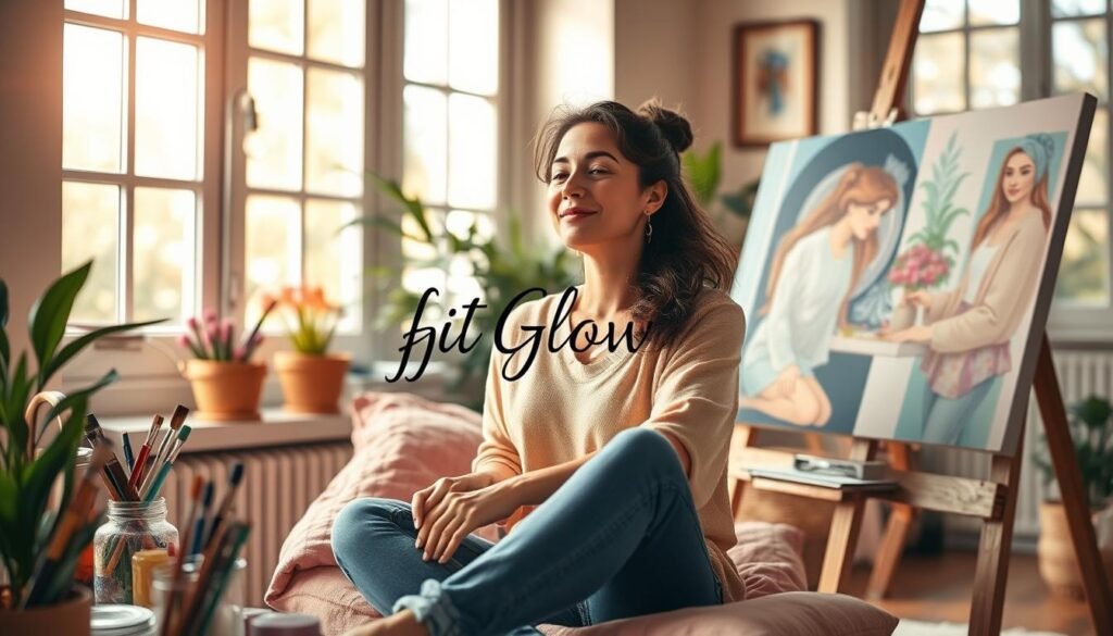 An Artistic, Well-Lit Scene Depicting A Woman Immersed In The Relaxing Act Of Painting, A Stress-Relieving Hobby. She Sits Comfortably In A Cozy, Warm-Toned Home Studio, Surrounded By Vibrant Paints, Brushes, And A Canvas On An Easel. Soft, Natural Light Filters Through Large Windows, Creating A Serene And Inviting Atmosphere. The &Quot;Fit Glow Guide&Quot; Logo Is Tastefully Incorporated Into The Scene, Highlighting The Thematic Connection. The Woman's Expression Is One Of Tranquility And Focus, Embodying The Rejuvenating Power Of This Creative Pursuit. An Artistic, Well-Lit Scene Depicting A Woman Immersed In The Relaxing Act Of Painting, A Stress-Relieving Hobby. She Sits Comfortably In A Cozy, Warm-Toned Home Studio, Surrounded By Vibrant Paints, Brushes, And A Canvas On An Easel. Soft, Natural Light Filters Through Large Windows, Creating A Serene And Inviting Atmosphere. The &Quot;Fit Glow Guide&Quot; Logo Is Tastefully Incorporated Into The Scene, Highlighting The Thematic Connection. The Woman's Expression Is One Of Tranquility And Focus, Embodying The Rejuvenating Power Of This Creative Pursuit.