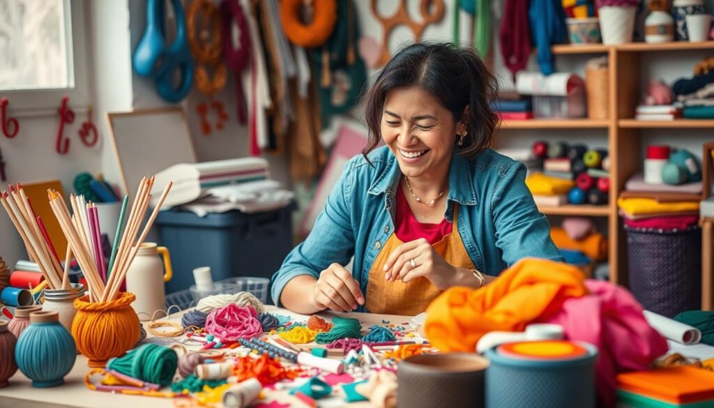 Create An Image Of A Woman Engaged In A Crafting Activity, Surrounded By Colorful Materials And Half-Finished Projects.