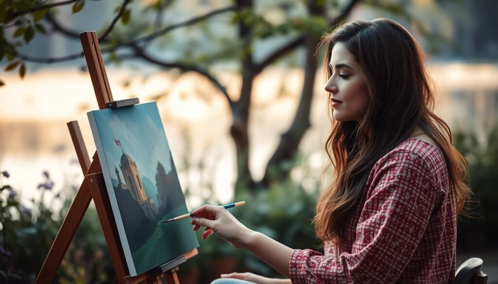 Create An Image Of A Woman Painting In A Serene Environment. Create An Image Of A Woman Painting In A Serene Environment.