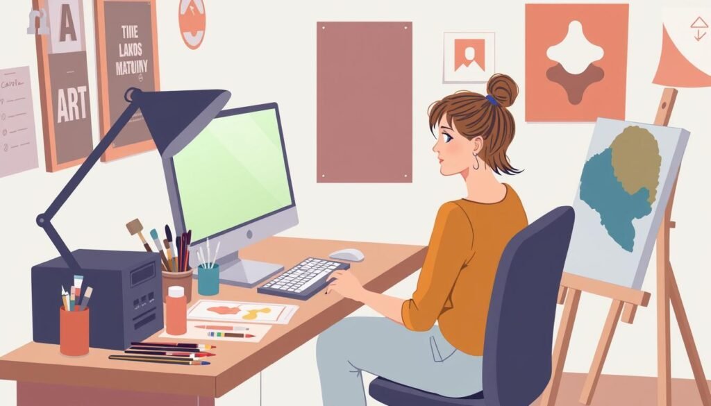 Create An Image Of A Woman Sitting In Front Of A Computer, Surrounded By Digital Art Supplies And A Canvas With A Half-Finished Painting.