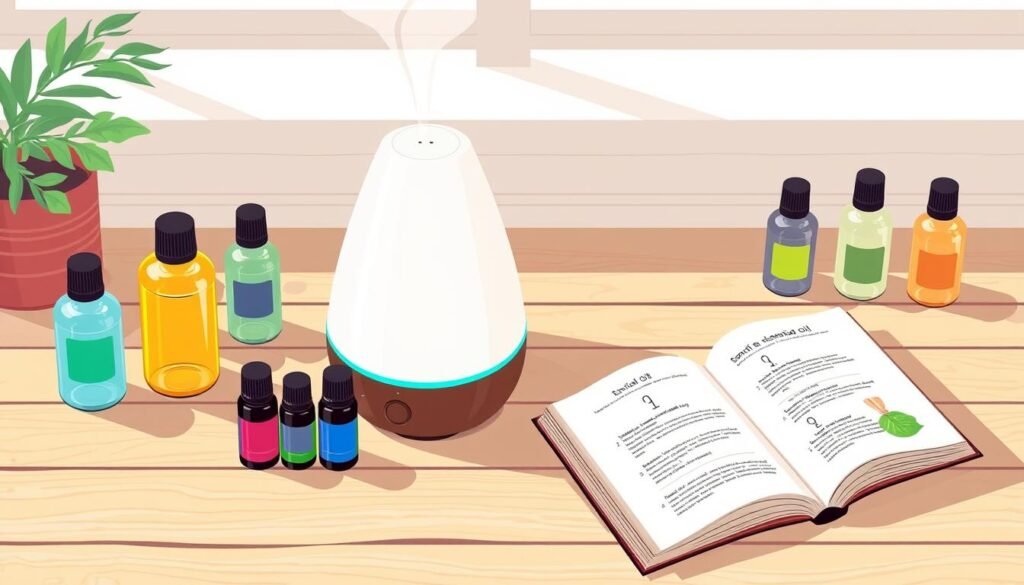 Create An Image Of An Essential Oil Diffuser With Various Essential Oils And A Guidebook.