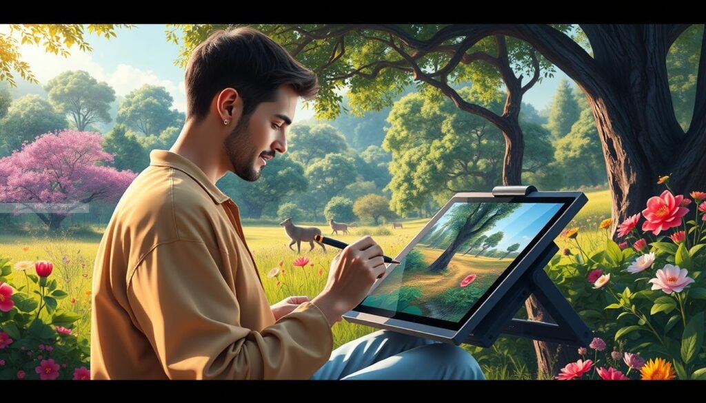 Generate An Image Of A Digital Art Tablet In Use Outdoors, Surrounded By Nature.