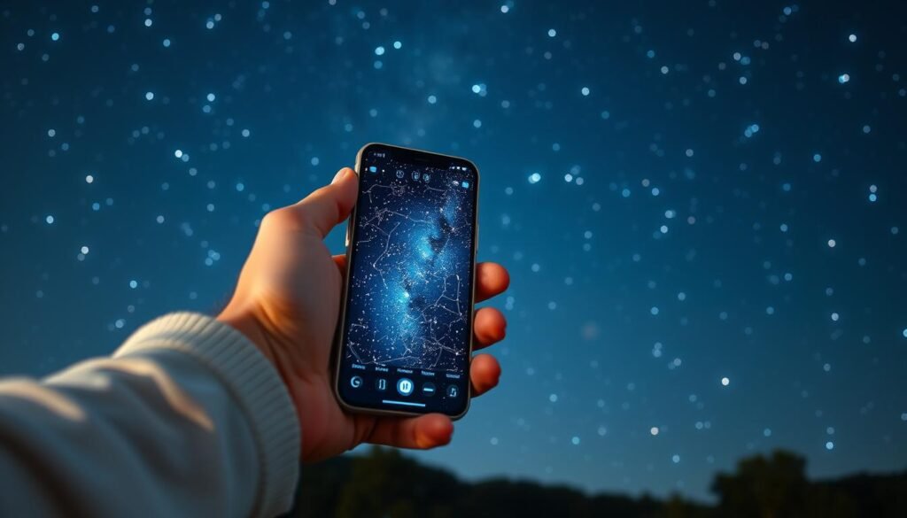 Generate An Image Of A Person Using A Digital Sky Map On A Smartphone To Identify Constellations On A Clear Night.