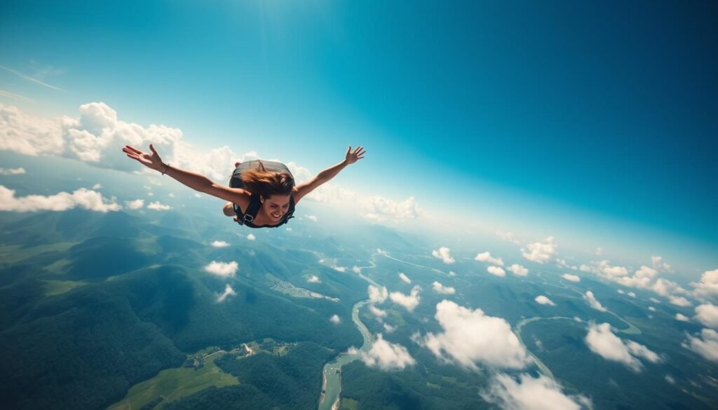Generate An Image Of A Woman Skydiving, With A Serene Landscape Below. Generate An Image Of A Woman Skydiving, With A Serene Landscape Below.