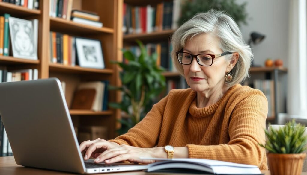 Generate An Image Representing A Woman Over 40 Engaging In An Online Course Or Learning A New Skill.