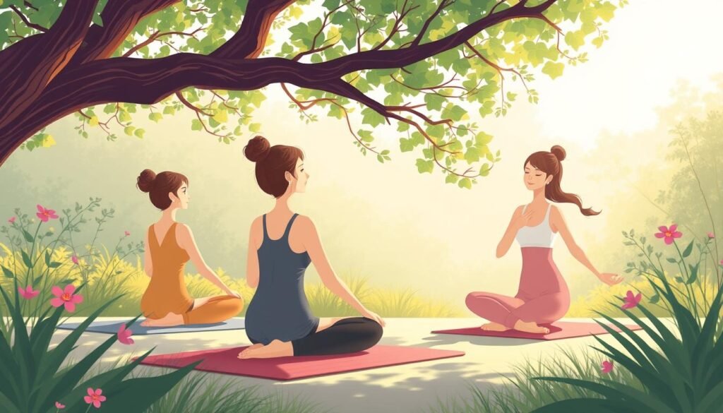 Image Of A Serene Outdoor Setting With Women Practicing Yoga Or Meditation Image Of A Serene Outdoor Setting With Women Practicing Yoga Or Meditation