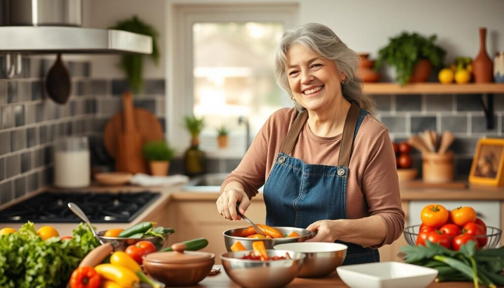 Image Of A Woman Over 40 In A Kitchen, Cooking With Joy