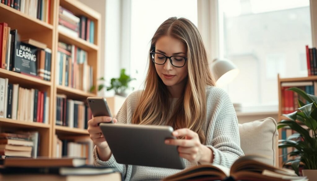 Image Of A Woman Using A Language Learning App On Her Tablet