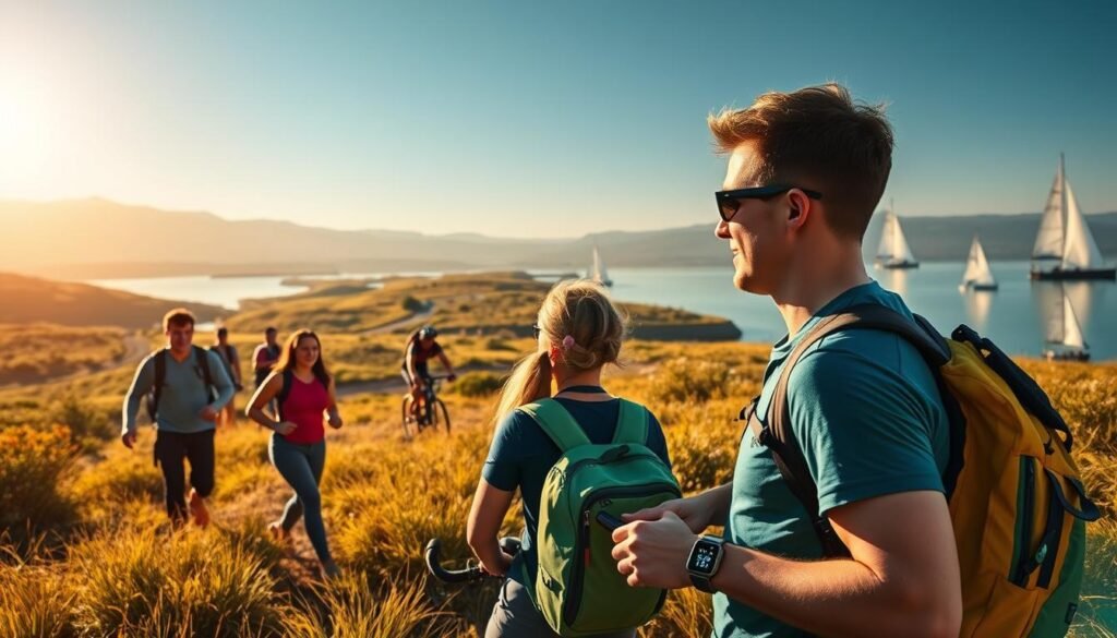 Outdoor E-Hobbies For Extroverts: A Vibrant Landscape With A Group Of Friends Engaging In Various Connected Outdoor Activities. In The Foreground, A Team Of Hikers Equipped With Fit Glow Guide Fitness Trackers And Smartwatches, Their Data Syncing In Real-Time. In The Middle Ground, A Group Of Cyclists Navigating A Winding Trail, Their Routes And Speeds Displayed On Their Mobile Devices. In The Background, A Body Of Water With Remote-Controlled Sailboats, Their Sails Billowing In The Wind, Their Movements Tracked And Shared Digitally. Warm, Natural Lighting Illuminates The Scene, Creating An Atmosphere Of Adventure, Exploration, And Shared Experiences.