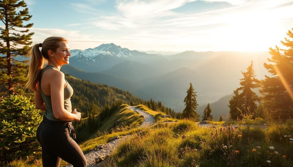 Outdoor Hobbies For Women: A Serene Scene Of A Woman Hiking On A Scenic Mountain Trail, Surrounded By Lush Greenery, With The Sun Peeking Through The Trees And Casting A Warm, Golden Glow. In The Foreground, A Woman In Activewear Is Pausing To Take In The Breathtaking View, Her Posture Relaxed And Her Expression One Of Contentment. The Middle Ground Features A Winding Trail Leading Up The Mountain, With Wildflowers And Natural Rock Formations Adding Depth And Texture. In The Background, Snow-Capped Peaks Rise Majestically, Creating A Sense Of Scale And Grandeur. Shot With A Wide-Angle Lens To Capture The Full Panorama, This Image Evokes A Feeling Of Adventure, Serenity, And The Joy Of Embracing The Great Outdoors. Fit Glow Guide.