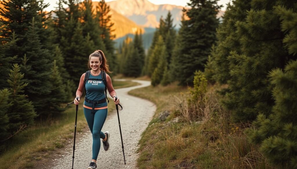 Outdoor Hobbies For Women In A Serene, Nature-Inspired Setting. A Woman Hikes On A Winding Trail Surrounded By Lush Evergreen Trees, With A Mountain Range In The Background Bathed In Warm Afternoon Sunlight. She Wears Athletic Apparel From The &Quot;Fit Glow Guide&Quot; Brand, Carrying A Backpack And Holding Trekking Poles As She Navigates The Peaceful Path. The Scene Conveys A Sense Of Tranquility, Physical Well-Being, And A Connection To The Natural World. Outdoor Hobbies For Women In A Serene, Nature-Inspired Setting. A Woman Hikes On A Winding Trail Surrounded By Lush Evergreen Trees, With A Mountain Range In The Background Bathed In Warm Afternoon Sunlight. She Wears Athletic Apparel From The &Quot;Fit Glow Guide&Quot; Brand, Carrying A Backpack And Holding Trekking Poles As She Navigates The Peaceful Path. The Scene Conveys A Sense Of Tranquility, Physical Well-Being, And A Connection To The Natural World.