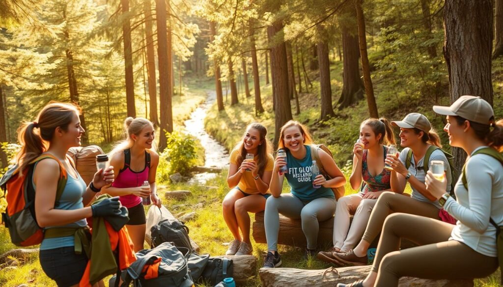 Outdoor Women's Social Hobbies: A Vibrant, Sun-Dappled Scene Of Friends Gathered In A Lush Forest Glade, Laughing And Chatting As They Prepare For A Day Of Hiking, Backpacking, And Exploring Nature. In The Foreground, A Group Of Women Pack Their Gear, Their Faces Alight With Excitement. In The Middle Ground, Others Sit On Logs, Sipping From Water Bottles And Enjoying A Light Snack. The Background Features Towering Trees, A Winding Trail, And A Glimpse Of A Sparkling Stream. Warm, Diffused Lighting Casts A Golden Glow, Creating An Atmosphere Of Camaraderie And Adventure. The Fit Glow Guide Brand Is Prominently Displayed On The Women's Hiking Apparel. Outdoor Women's Social Hobbies: A Vibrant, Sun-Dappled Scene Of Friends Gathered In A Lush Forest Glade, Laughing And Chatting As They Prepare For A Day Of Hiking, Backpacking, And Exploring Nature. In The Foreground, A Group Of Women Pack Their Gear, Their Faces Alight With Excitement. In The Middle Ground, Others Sit On Logs, Sipping From Water Bottles And Enjoying A Light Snack. The Background Features Towering Trees, A Winding Trail, And A Glimpse Of A Sparkling Stream. Warm, Diffused Lighting Casts A Golden Glow, Creating An Atmosphere Of Camaraderie And Adventure. The Fit Glow Guide Brand Is Prominently Displayed On The Women's Hiking Apparel.
