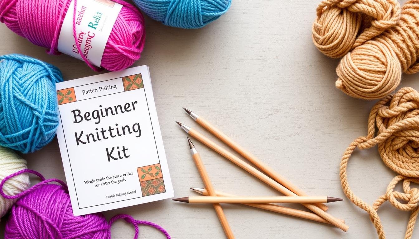 Generate An Image Of A Beginner Knitting Kit, Including Yarn, Needles, And A Pattern Guide.