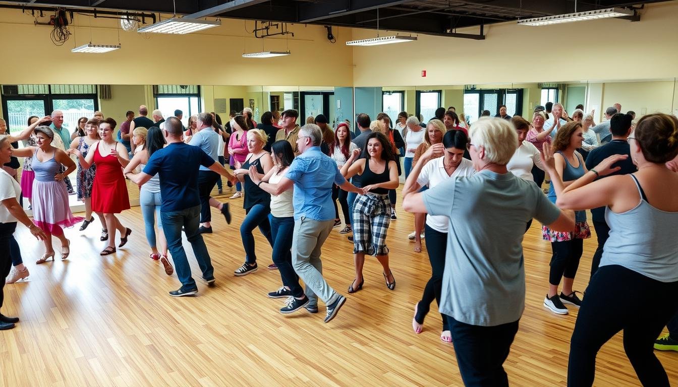 Image Of A Dance Studio With Adults Dancing Together.