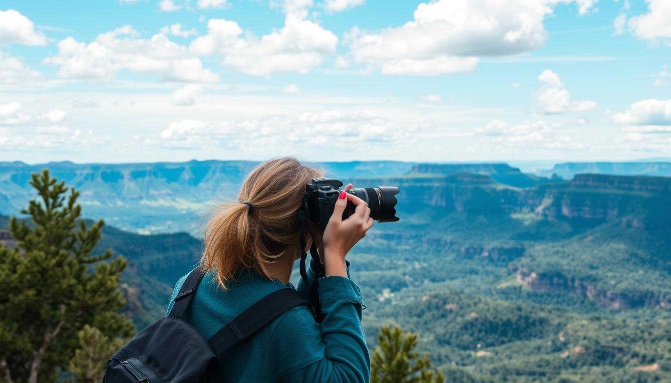 A Woman Holding A Camera, Taking A Photo Of A Beautiful Landscape.