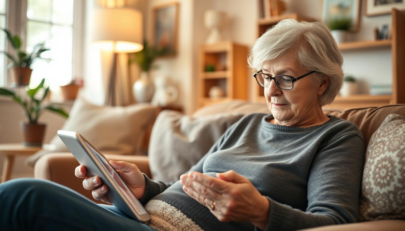 Generate An Image Of A Senior Woman Using A Language Learning App On Her Tablet.