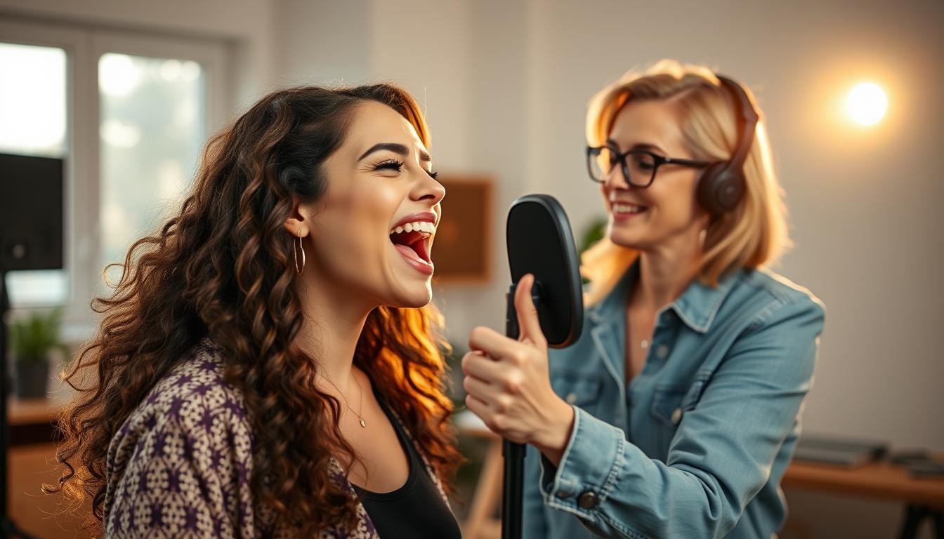 Generate An Image Of A Woman Singing With A Vocal Coach.