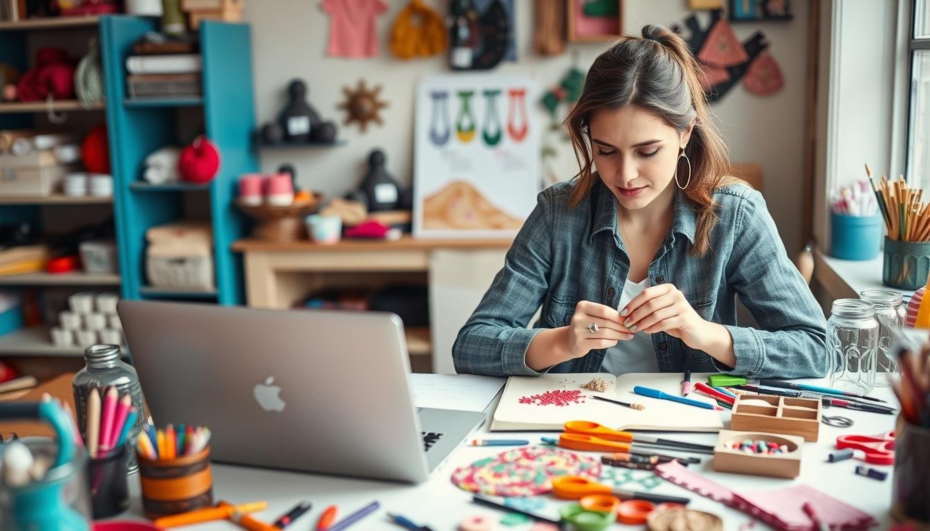 An Image Of A Woman Creating Handmade Crafts At A Desk With A Laptop Showing Etsy'S Website.