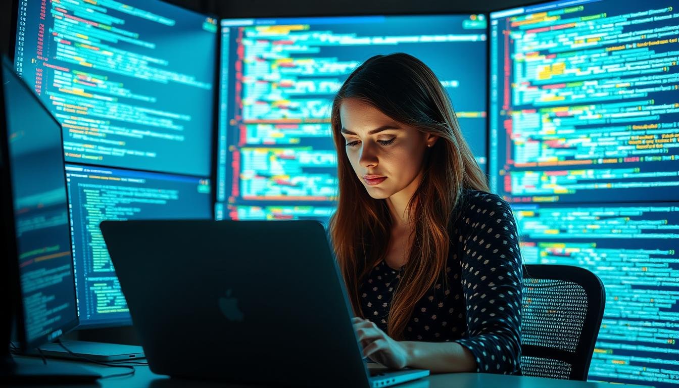 Generate An Image Of A Woman Working On A Laptop, With Coding Screens And A Thoughtful Expression.
