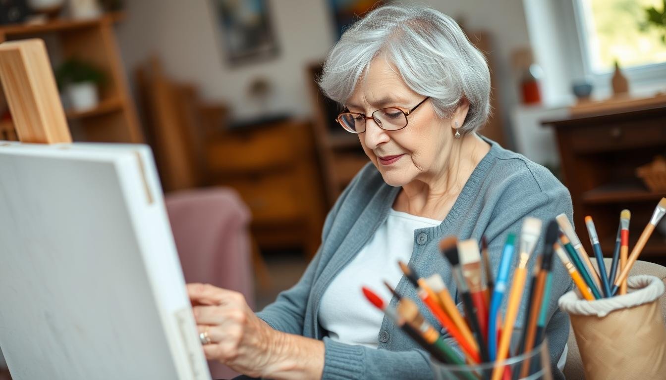 Generate An Image Of An Elderly Woman Engaged In Painting With A Canvas And Brushes.