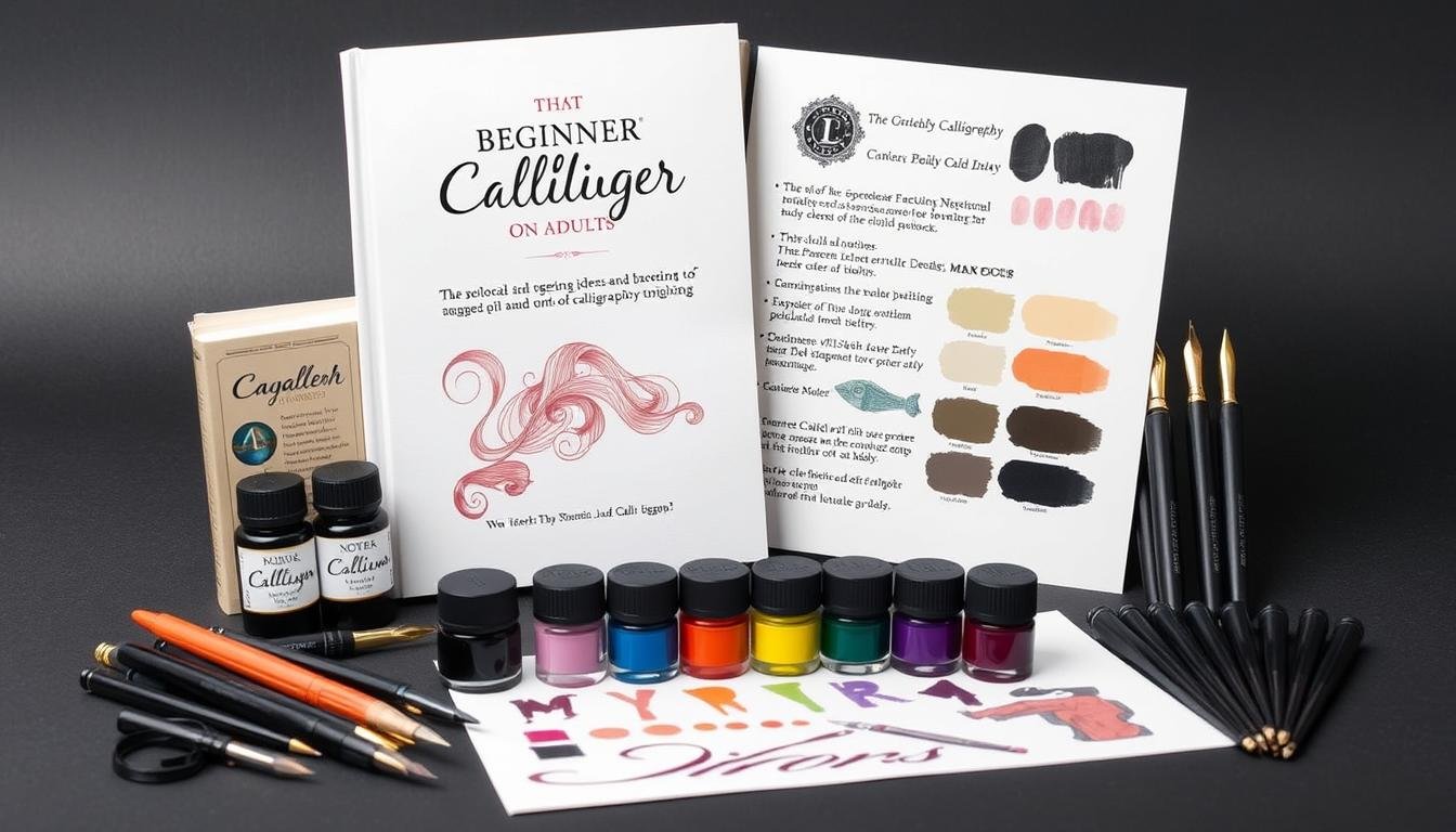 Generate An Image Of A Beginner Calligraphy Kit For Adults, Including A Guidebook, Ink, And Nibs.