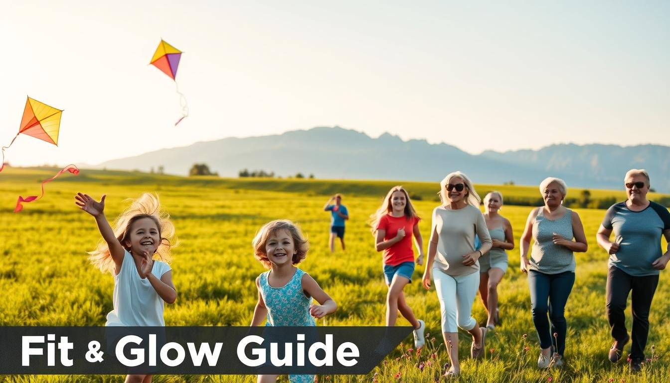 A Lush Outdoor Scene Showcasing A Range Of Age-Appropriate Hobbies And Activities. In The Foreground, A Group Of Young Children Flying Colorful Kites, Their Laughter And Excitement Captured In The Crisp, Natural Lighting. In The Middle Ground, A Family Engaged In A Game Of Frisbee, Their Energetic Movements Frozen In Time. Further Back, A Group Of Seniors Enjoying A Peaceful Nature Walk, Their Faces Serene As They Take In The Picturesque Landscape. The Background Features A Sprawling Green Meadow, Dotted With Wildflowers, And A Majestic Mountain Range In The Distance, Bathed In A Warm, Golden Glow. &Amp;Amp;Quot;Fit Glow Guide&Amp;Amp;Quot;